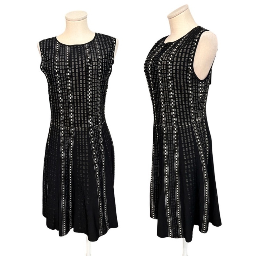 LUXE by CARMEN MARC VALVO black and nude fit and flare knit dress
